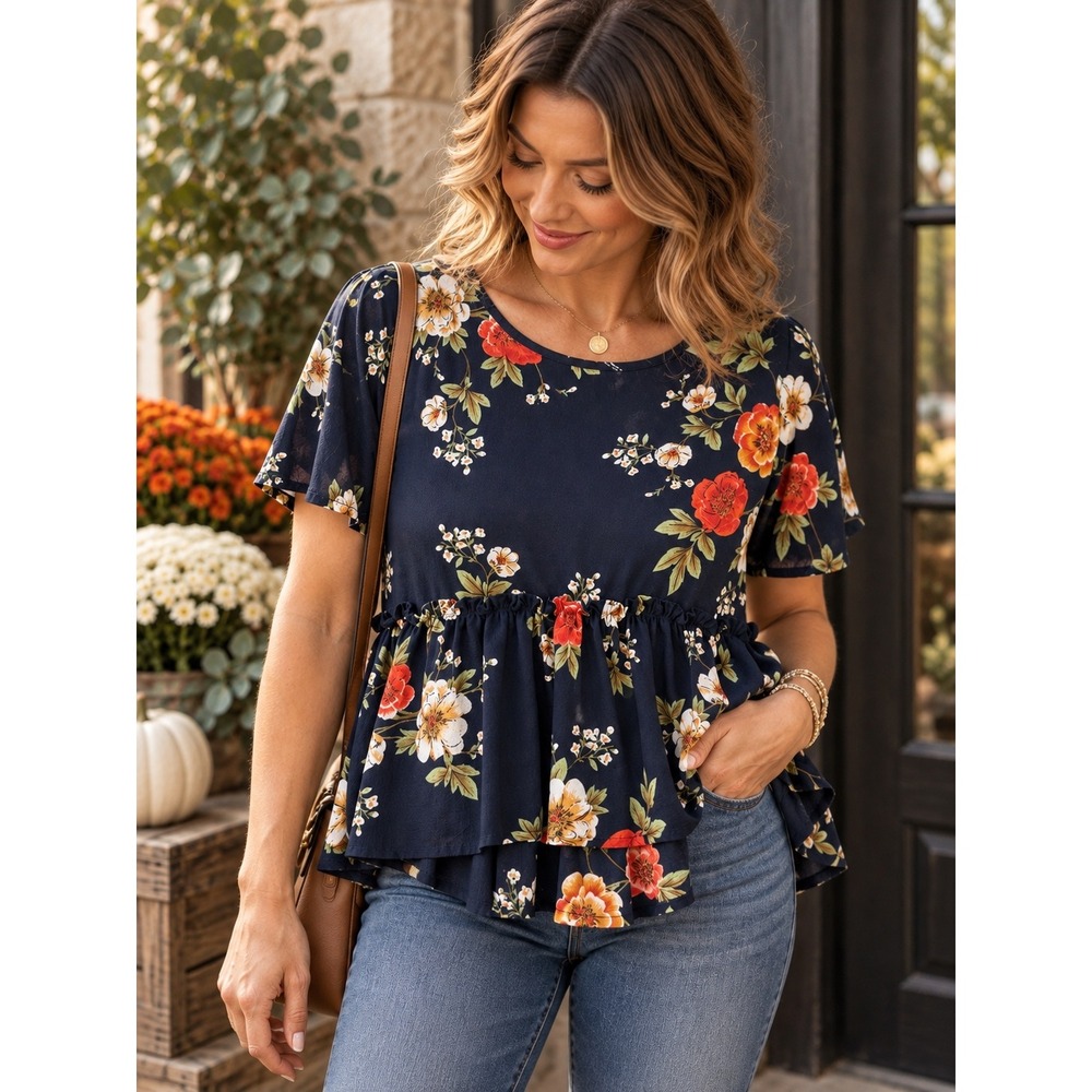 Navy Blue Floral Peplum Top Short Sleeve Ruffle Blouse Orange White Print